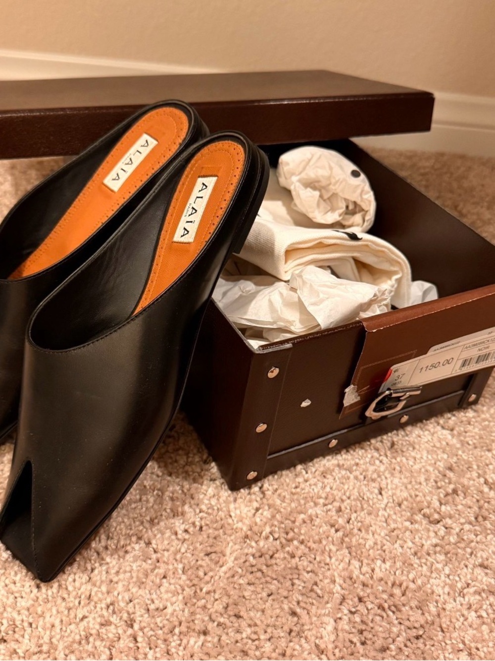 Alaia Black Leather Pointed Split-Toe Mules with Tan Insole